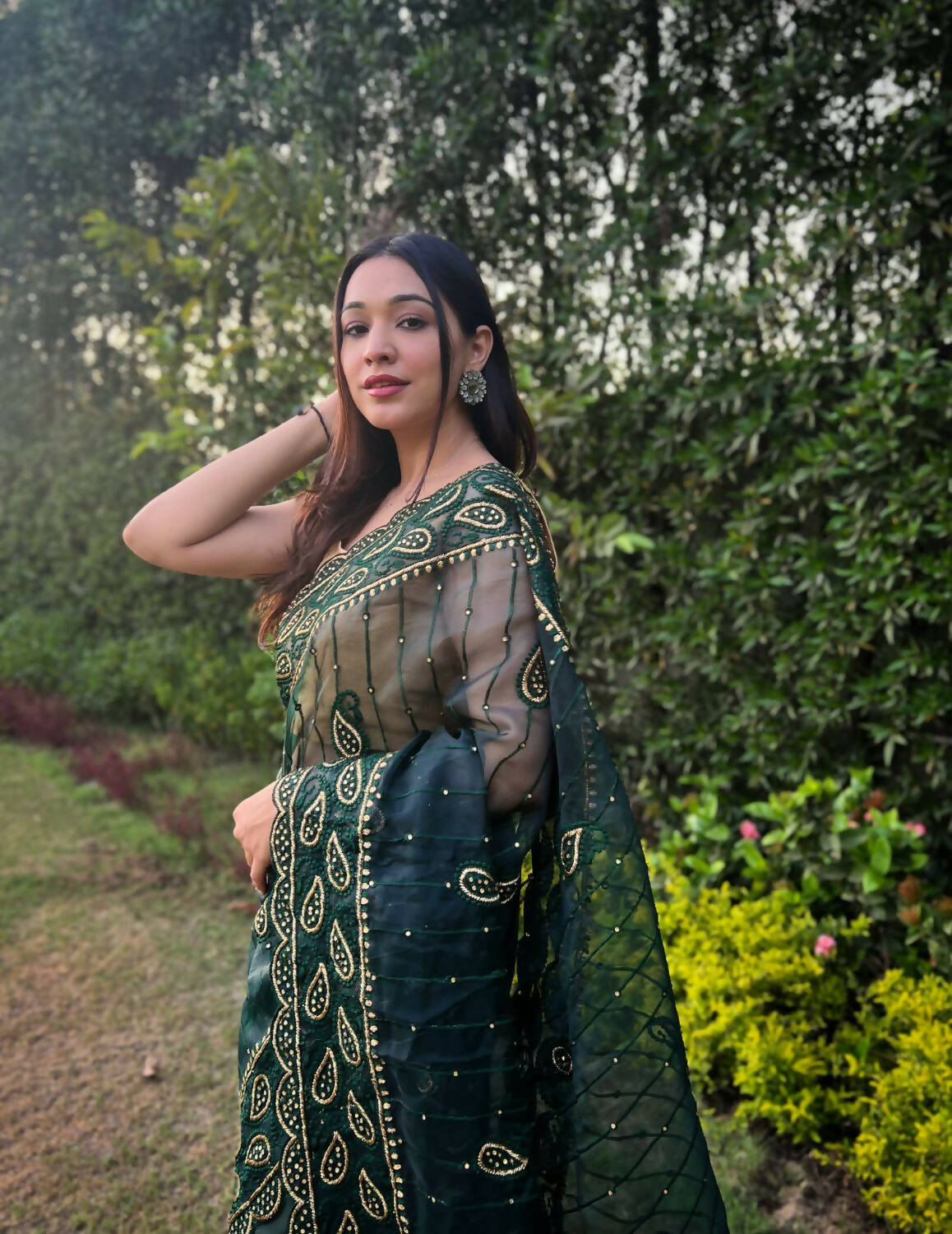 Vamsee Green Organza Saree - Swadesiicart