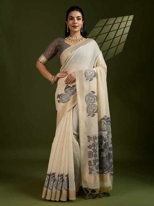 Vishnu Weaves Women's Black Muga Cotton Thread Woven Saree with Blouse - Swadesiicart