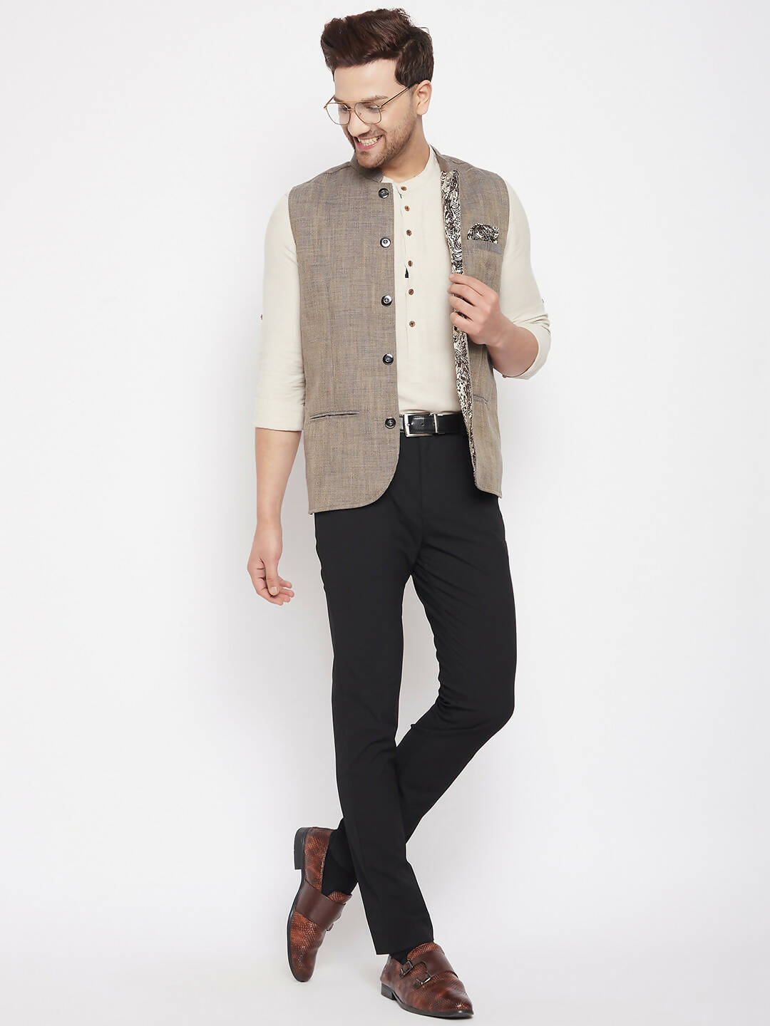 Even Apparels Brown Linen Men Woven Nehru Jacket | Swadesiicart