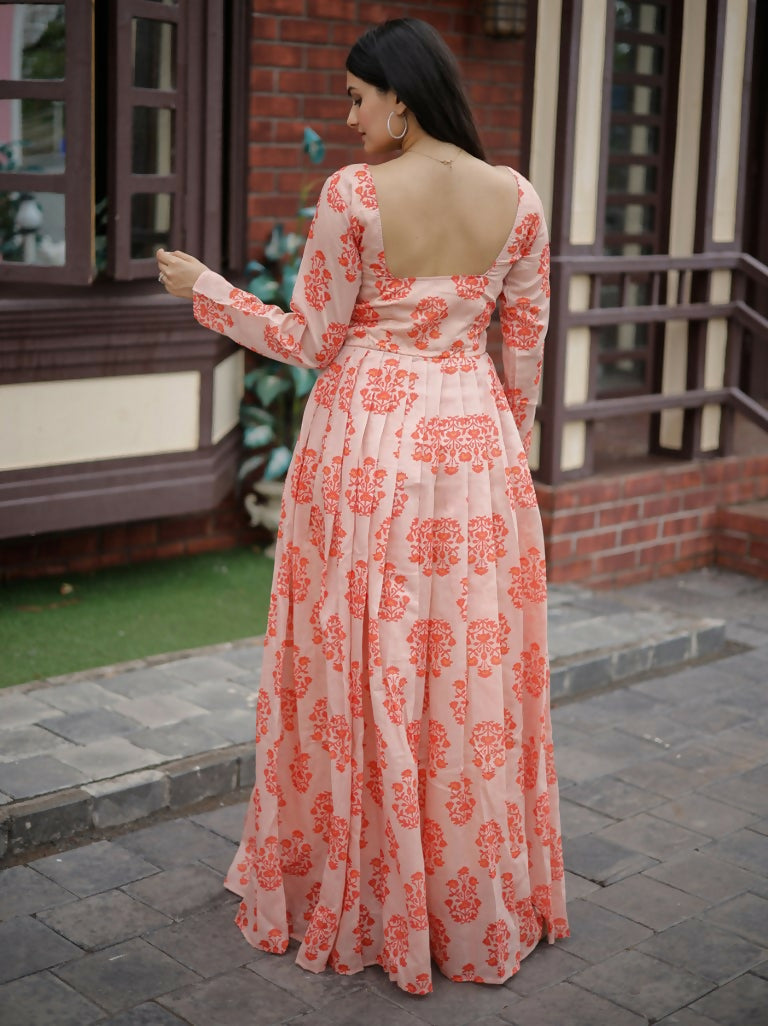 Jyoti Fashion Women's Peach Heavy Digital Printed Pure Chanderi Anarkali Dress | Swadesiicart