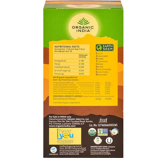 Organic India Tulsi Green Tea Lemon Ginger 25 Tea Bags - Swadesiicart