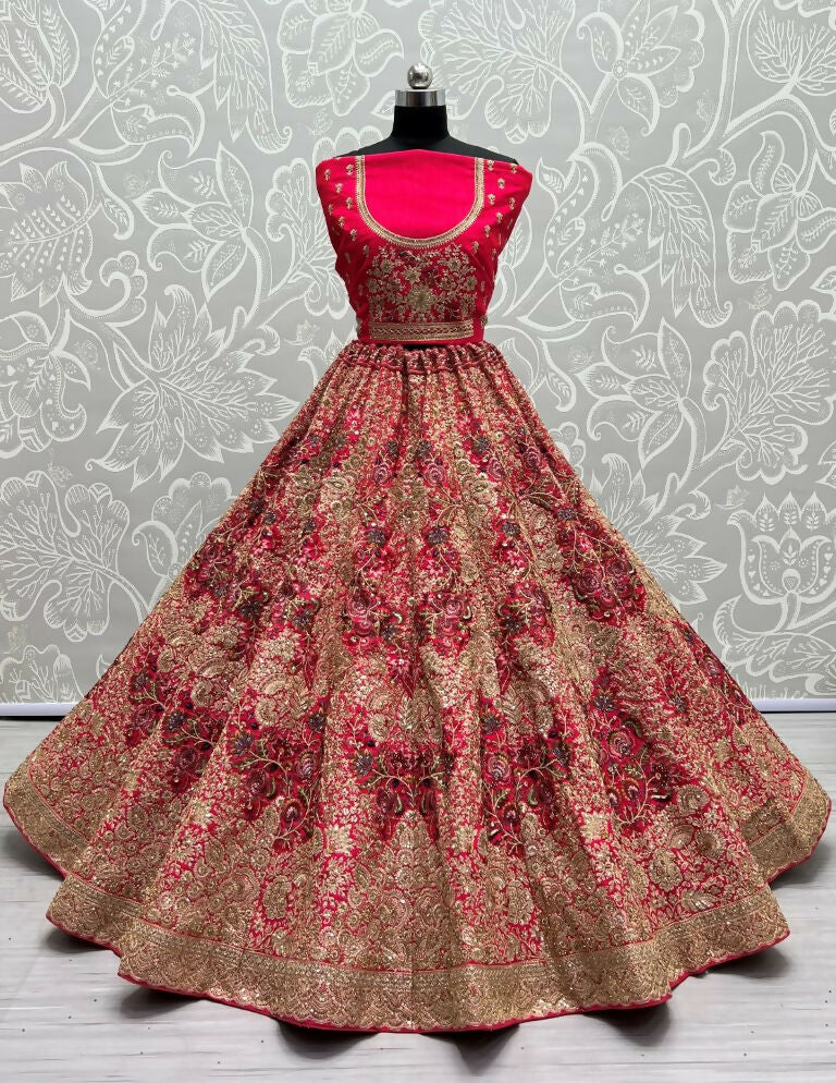 Jyoti Fashion Women's Rani Pink Silk Fancy Dori & Sequins Multi Thread Embroidered with Diamond Work Wedding Lehenga Choli | Swadesiicart