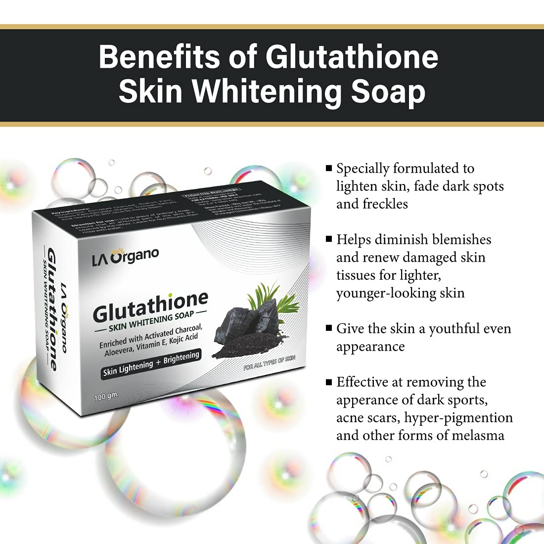 LA Organo Glutathione Activated Charcoal Skin Whitening Soap | Swadesiicart