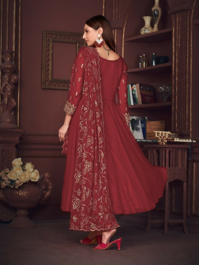 Jyoti Fashion Women's Maroon Georgette Embroidered Anarkali Kurta Pant Set With Dupatta | Swadesiicart