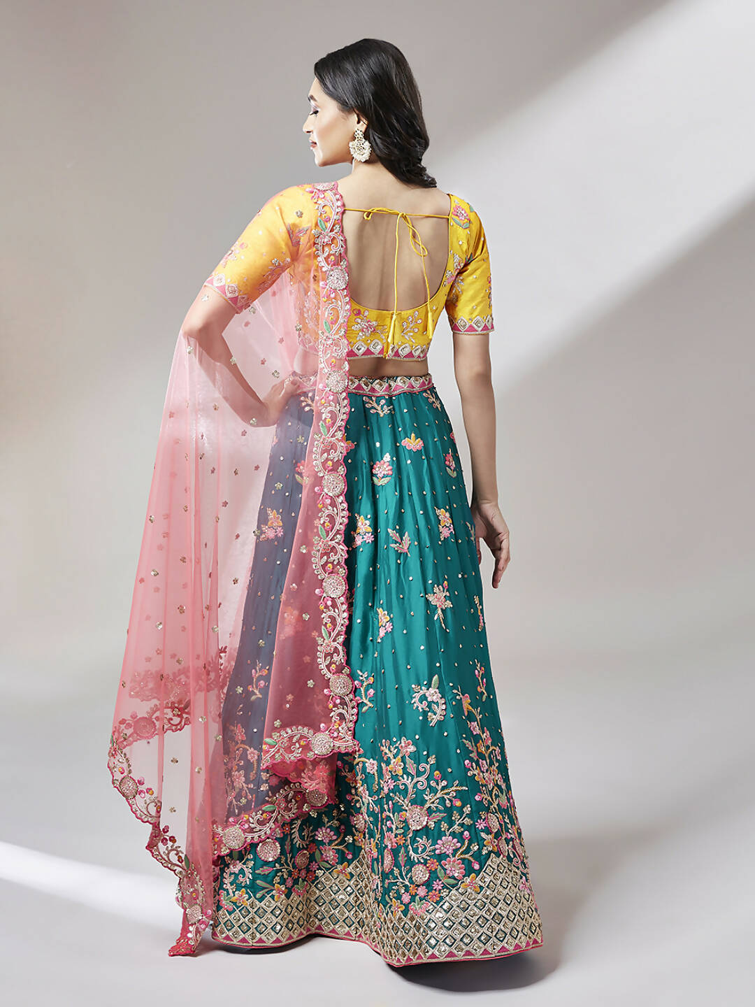 House of Panchhi Teal Pure Georgette Sequinse Work Lehenga & Blouse with Dupatta | Swadesiicart
