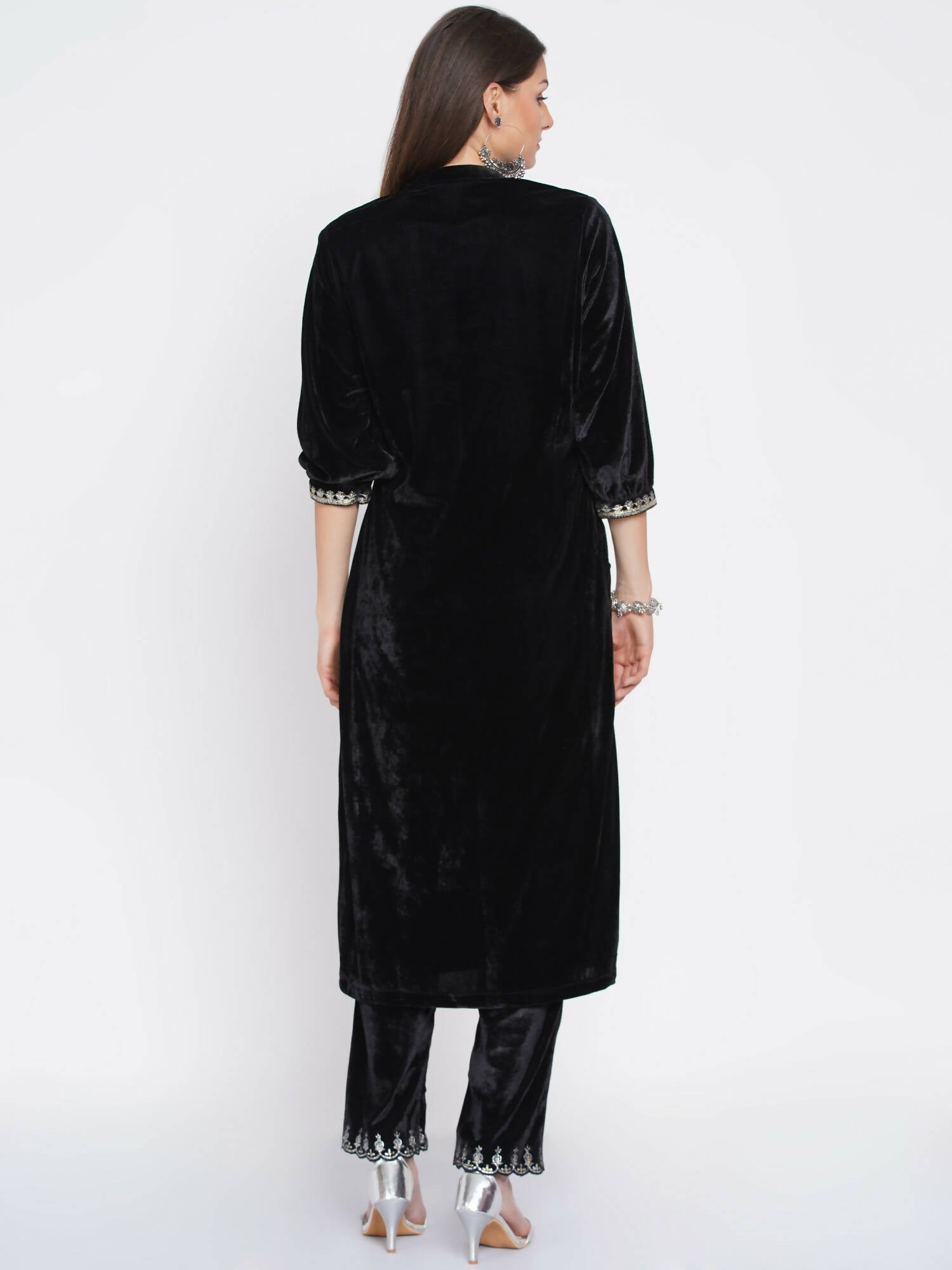 Women Republic Black Velvet Embroidered Kurta With Pants | Swadesiicart