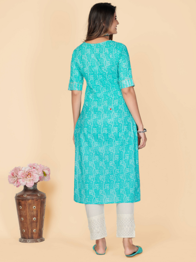 NOZ2TOZ Women's Printed & Embroidered Straight Cotton Sky Blue Stitched Kurta (1Pc) - Swadesiicart
