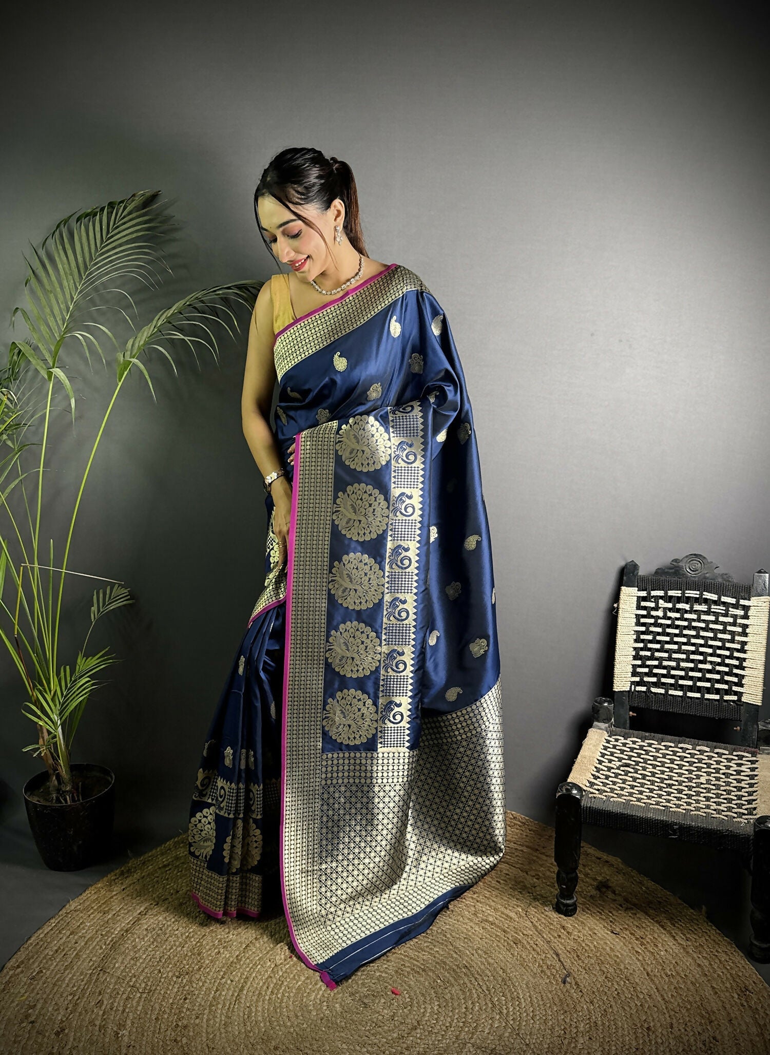 Joban Fashion Navy Blue Banarasi Soft Lichi Silk Paisley Saree | Swadesiicart