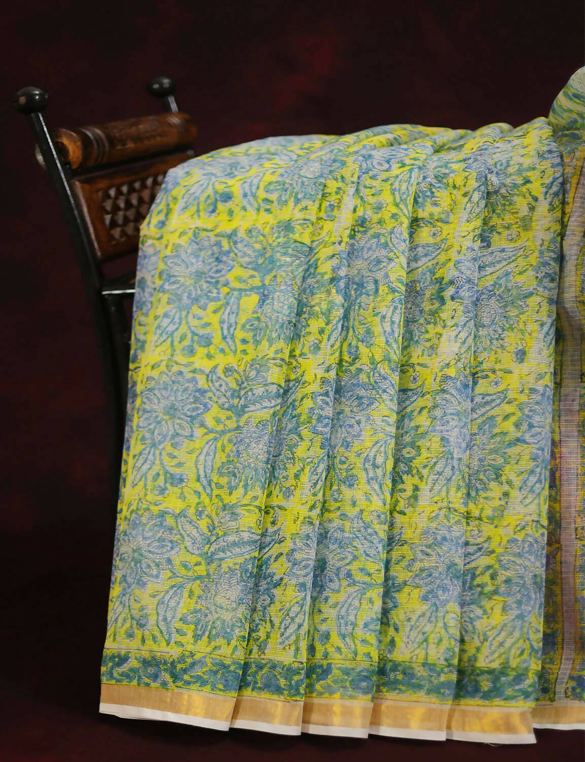 Lime Yellow Floral Design Pure Kota Cotton Saree By Gayathri Reddy Designer Studio | Swadesiicart