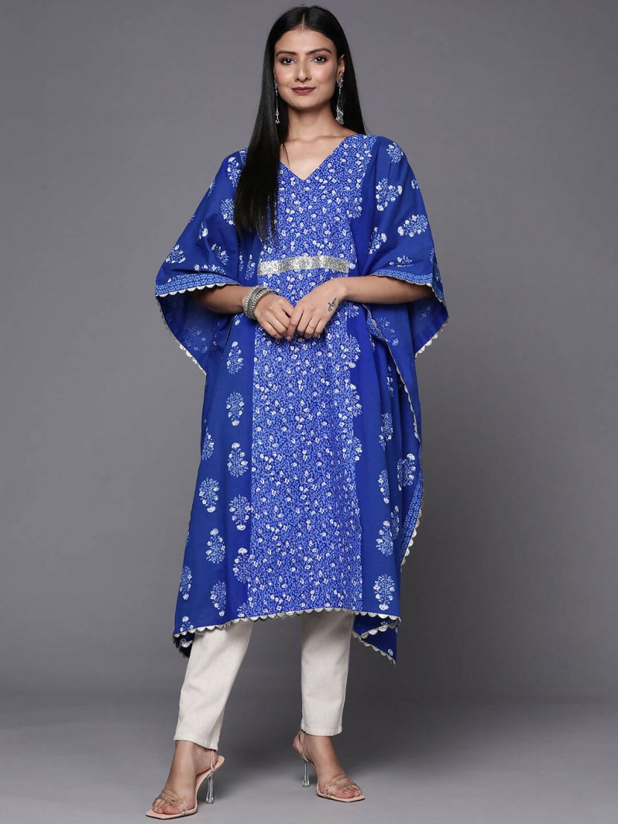 Ahalyaa Blue & White Floral Print Floral Kaftan Kurta | Swadesiicart