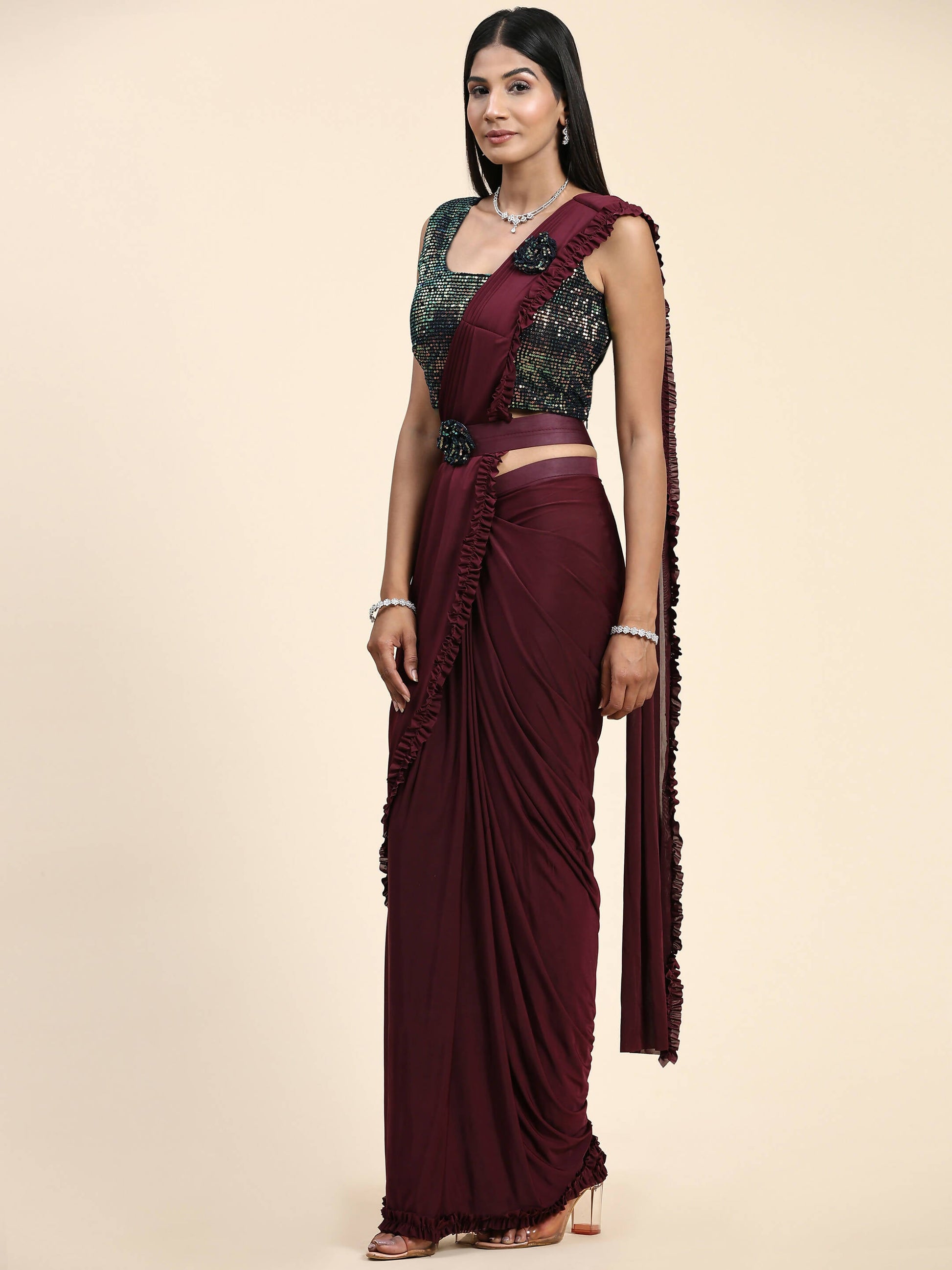 Maroon Imported Fabric Plain Ready to wear Saree with stitched Blouse - Vrinda | Swadesiicart