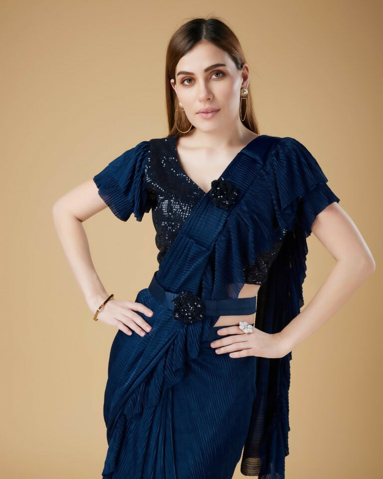 Blue Imported Crush Solid Ready to Wear Saree with stitched Blouse - Aayan | Swadesiicart