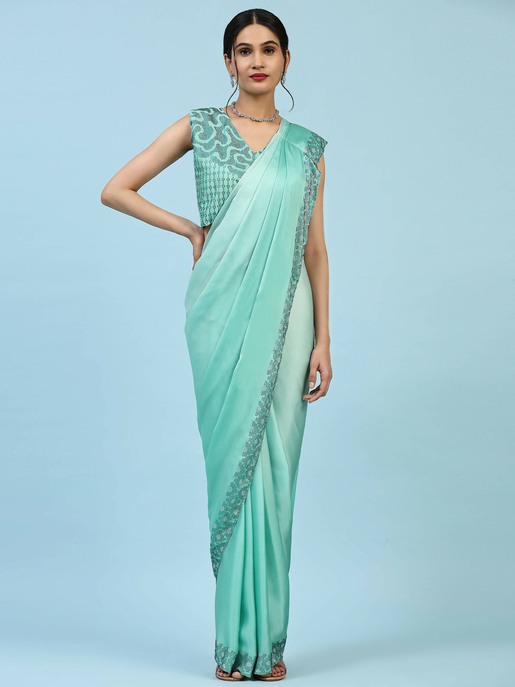 Sea Green Ombre Satin Georgette Plain Ready to wear Saree with stitched Blouse - Vrinda | Swadesiicart