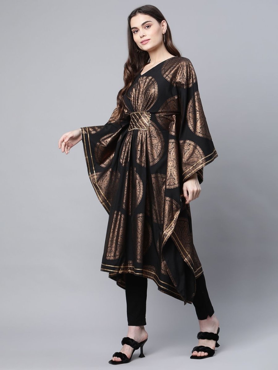 Ahalyaa Women Black Crepe Copper Foil Printed Flared Sleeve Kaftan Kurta | Swadesiicart