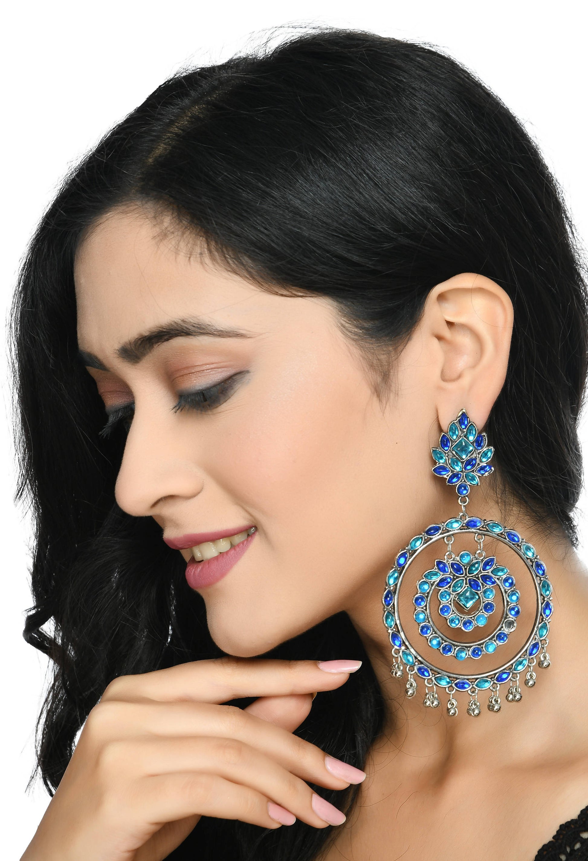 Mominos Fashion Johar Kamal Women's Blue Kundan Circles Earrings - Swadesiicart