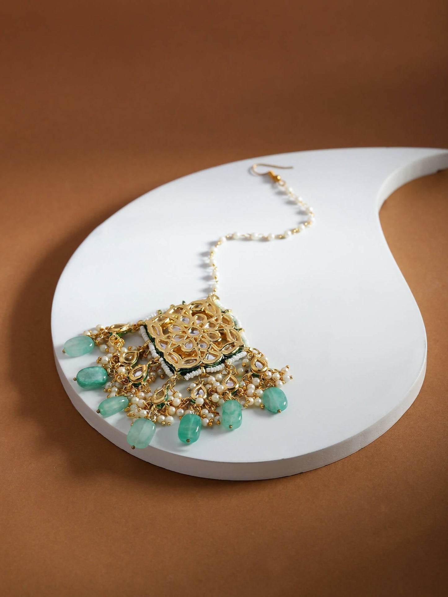 White Blue Gold-Polished Kundan-Studded Beaded Maang Tikka - Ruby Raang | Swadesiicart