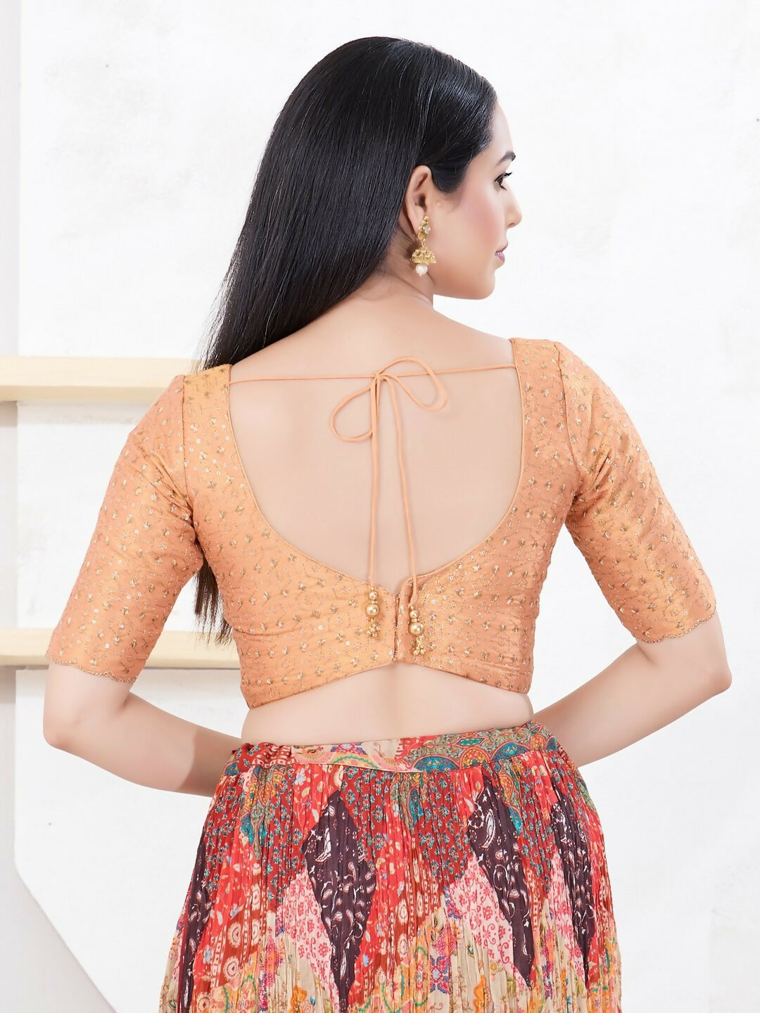 Joban Fashion Rose-Gold Tissue Elbow Sleeveless Back Open Blouse - Swadesiicart