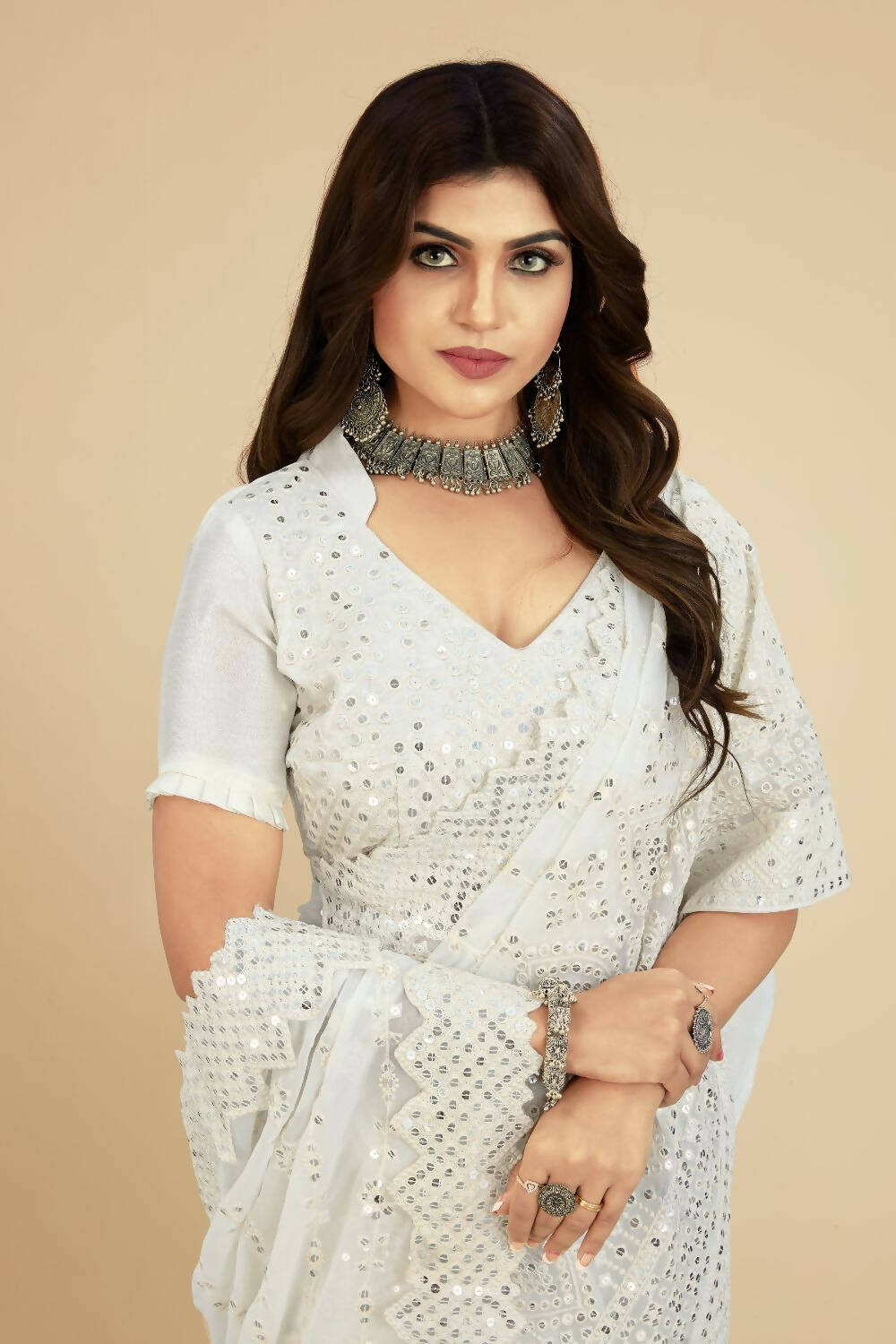 Vamsee White Georgette Designer Saree - Swadesiicart