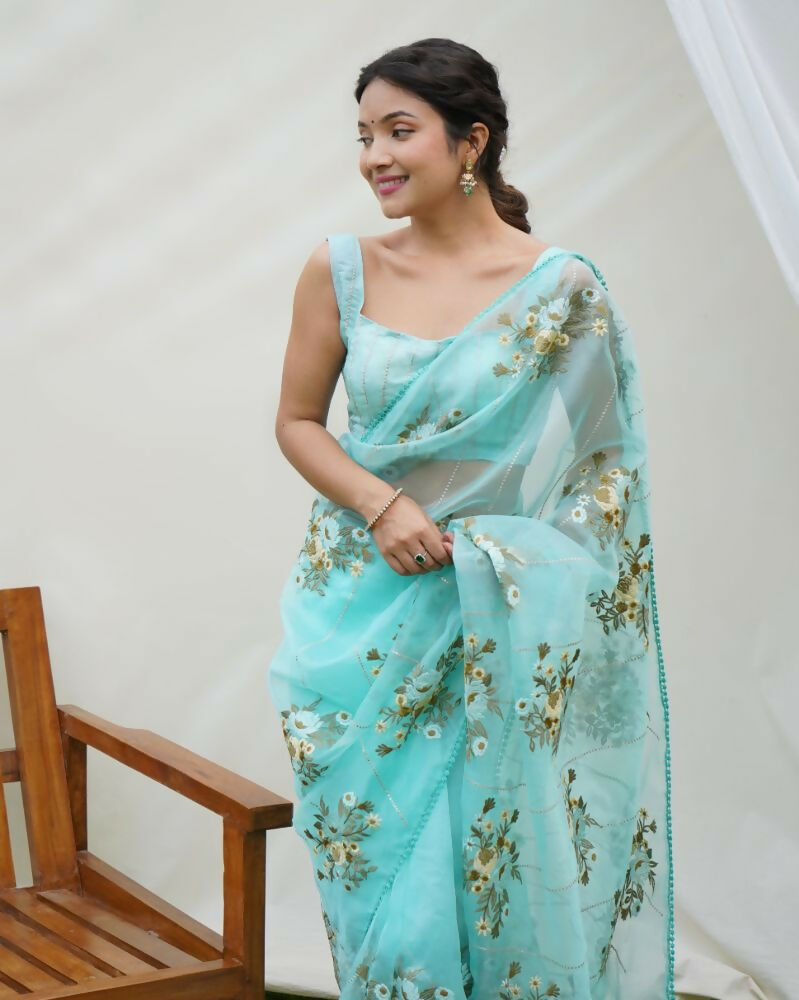 Vamsee Anamika Sky Organza Silk Saree - Swadesiicart
