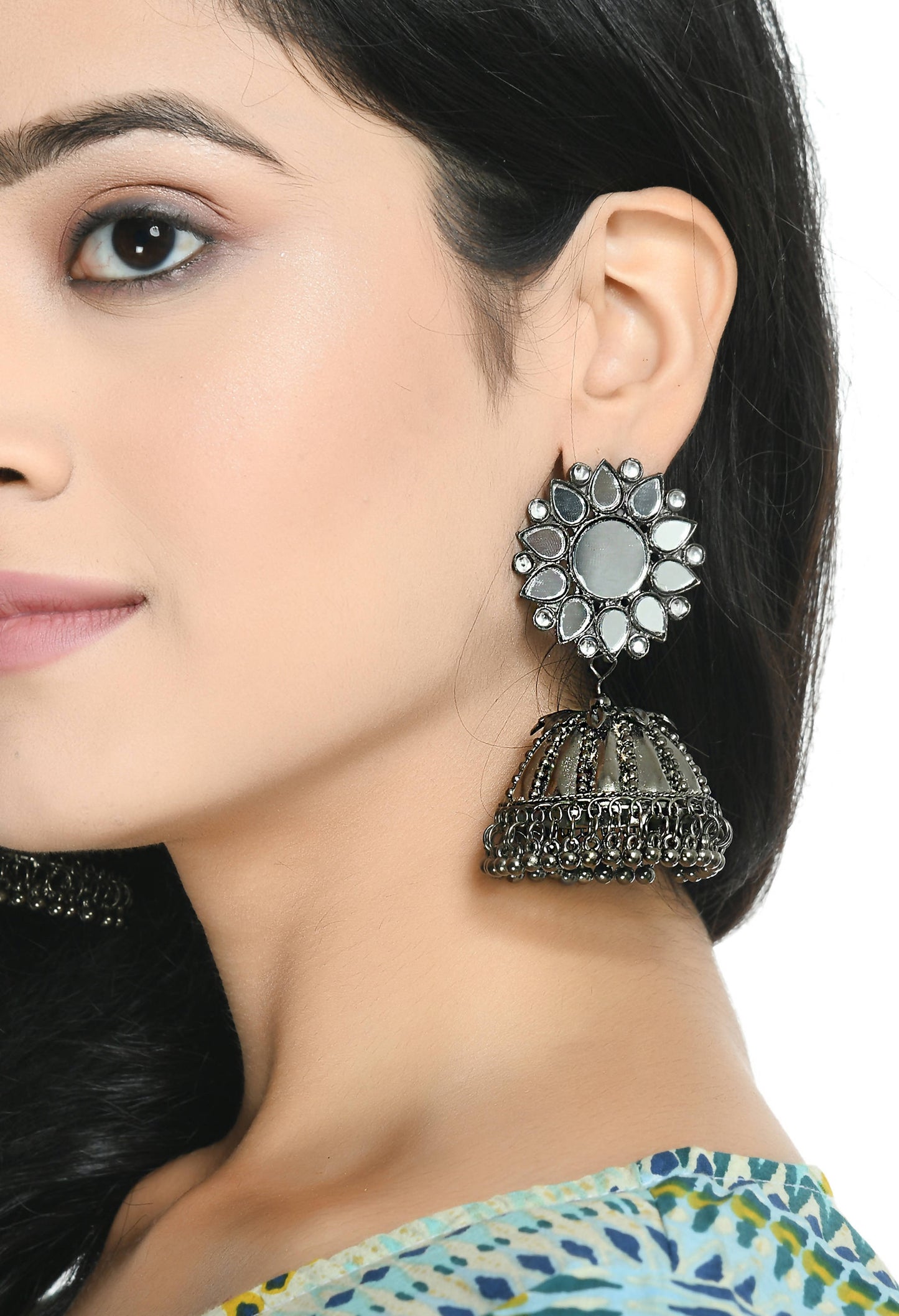 Mominos Fashion Johar Kamal Silver-Plated With Mirror Earrings Jhumkas - Swadesiicart