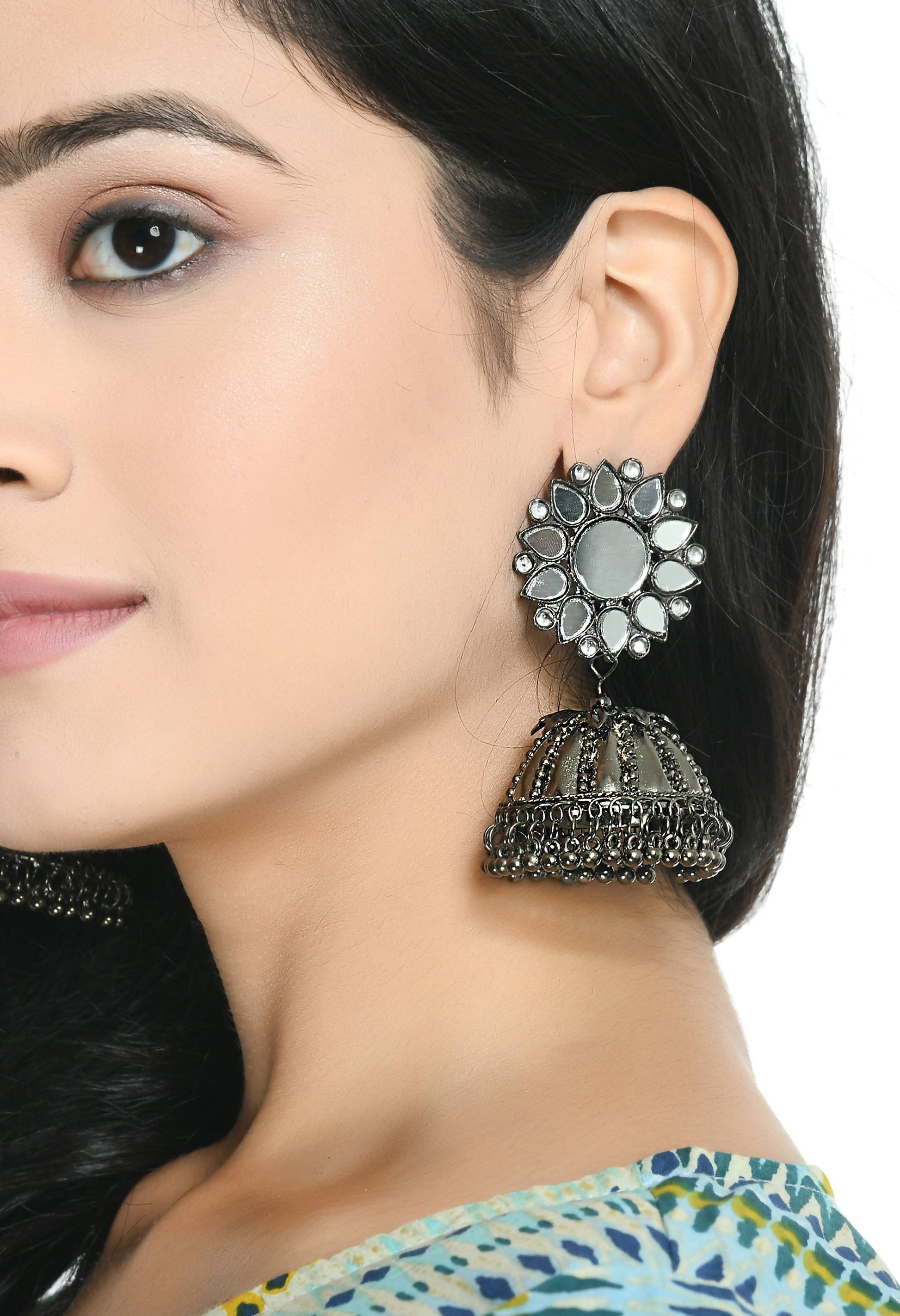Mominos Fashion Johar Kamal Silver-Plated With Mirror Earrings Jhumkas - Swadesiicart