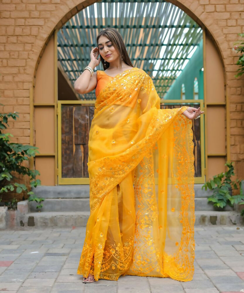 Vamsee Kiki Yellow Organza Saree - Swadesiicart