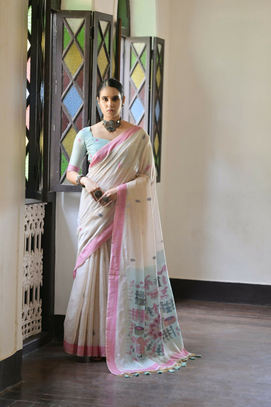 Vishnu Weaves Women's Pink Muga Cotton Saree with Blouse - Swadesiicart