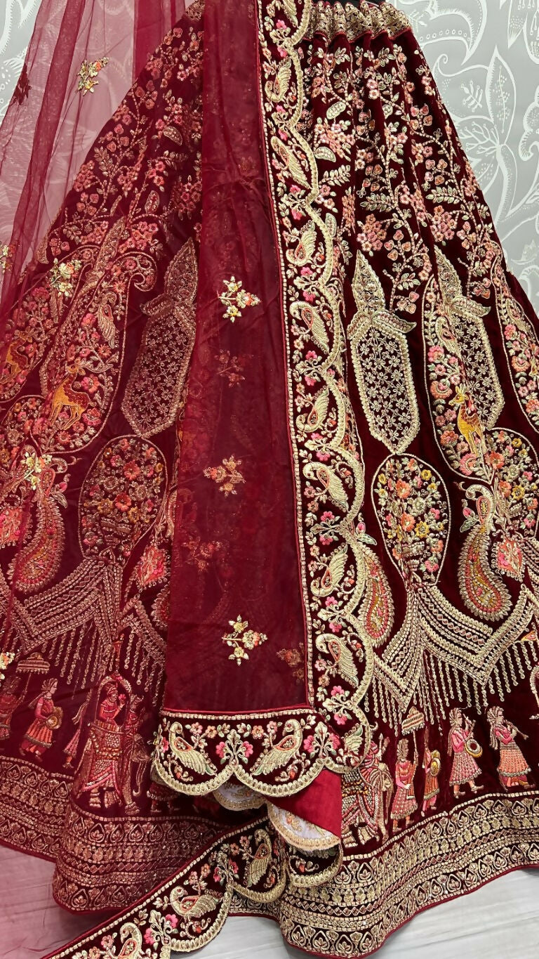 Jyoti Fashion Women's Maroon Velvet Multi Thread Embroidered with Zircon Diamond Work Wedding Lehenga Choli | Swadesiicart