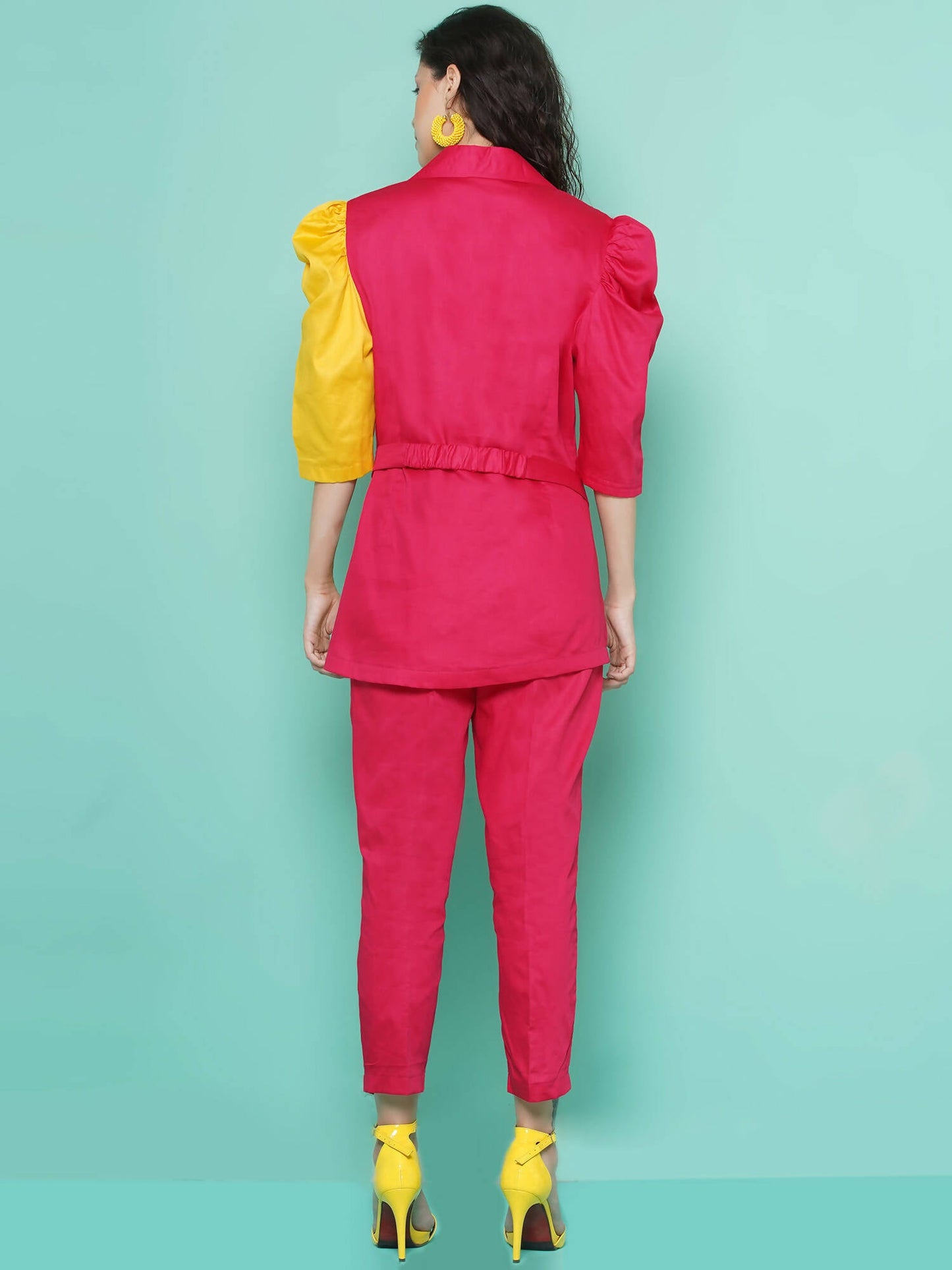 Women Republic Pink And Yellow Cotton Silk hand Embellished Coord set with Pouch | Swadesiicart