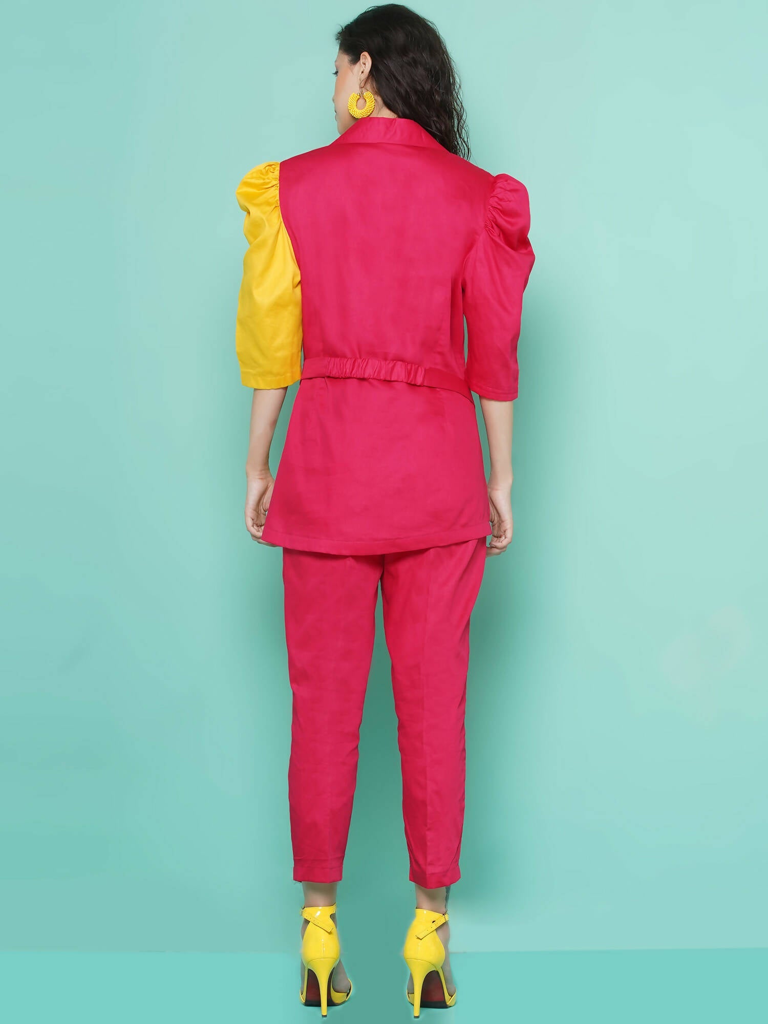 Women Republic Pink And Yellow Cotton Silk hand Embellished Coord set with Pouch | Swadesiicart