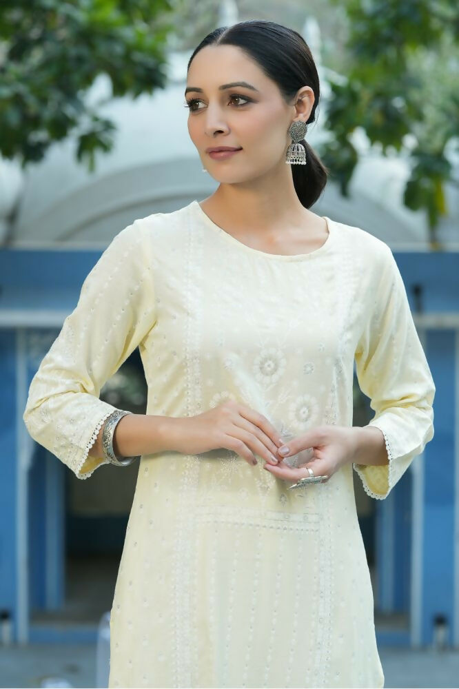 Juniper Light Yellow Ethnic Motif Printed Rayon Kurta With Lace Work - Swadesiicart