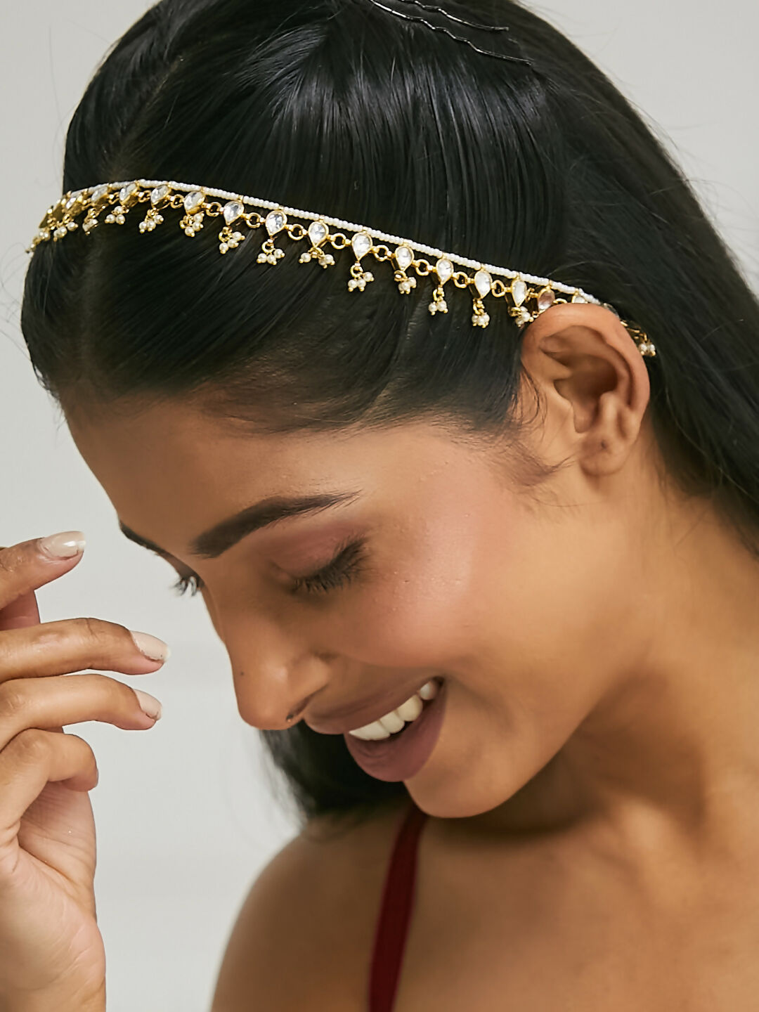 Nuyug 22K Gold-Plated Pearl Drops Matha Patti cum Necklace | Swadesiicart