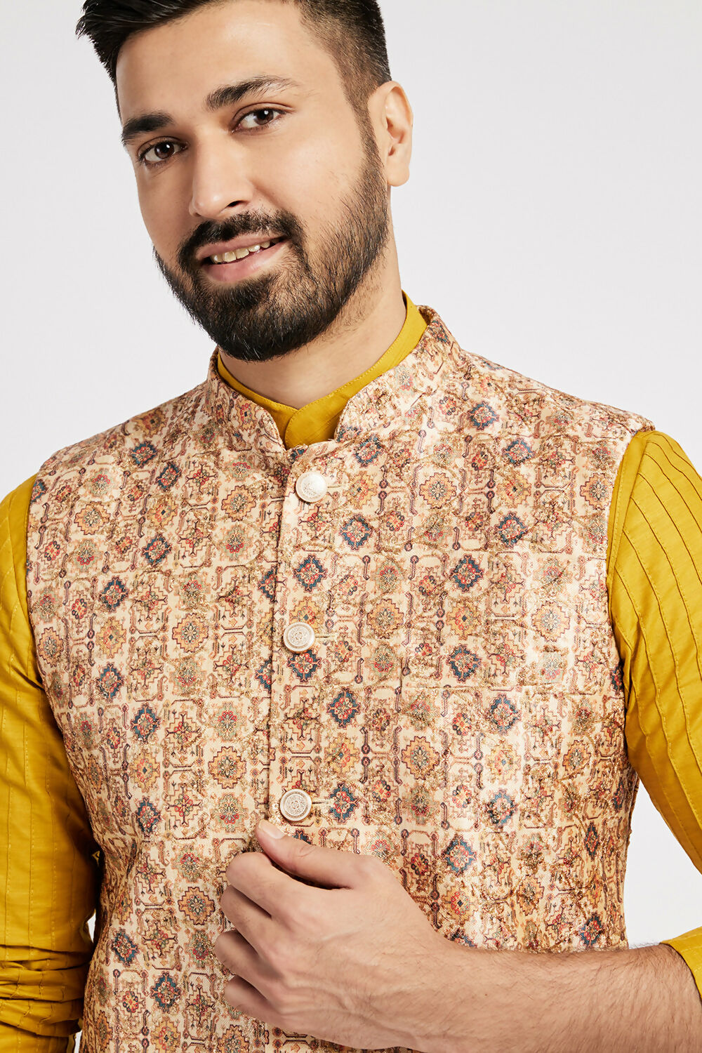 Ethnic India Cream Bundi Men's Jacket Abstract Polyester | Swadesiicart