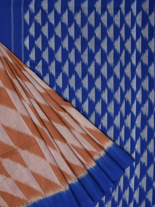 Light Brown and Blue Pochampally Ikat Cotton Handloom Saree with Triangle Pallu Design - Global Threads | Swadesiicart