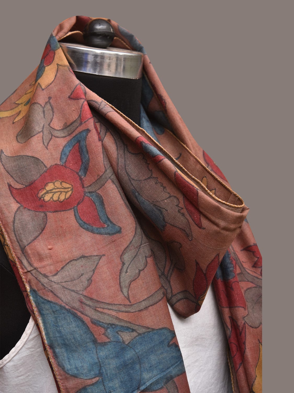 Light Brown Kalamkari Hand Painted Sico Stole with Floral Design - Global Threads | Swadesiicart
