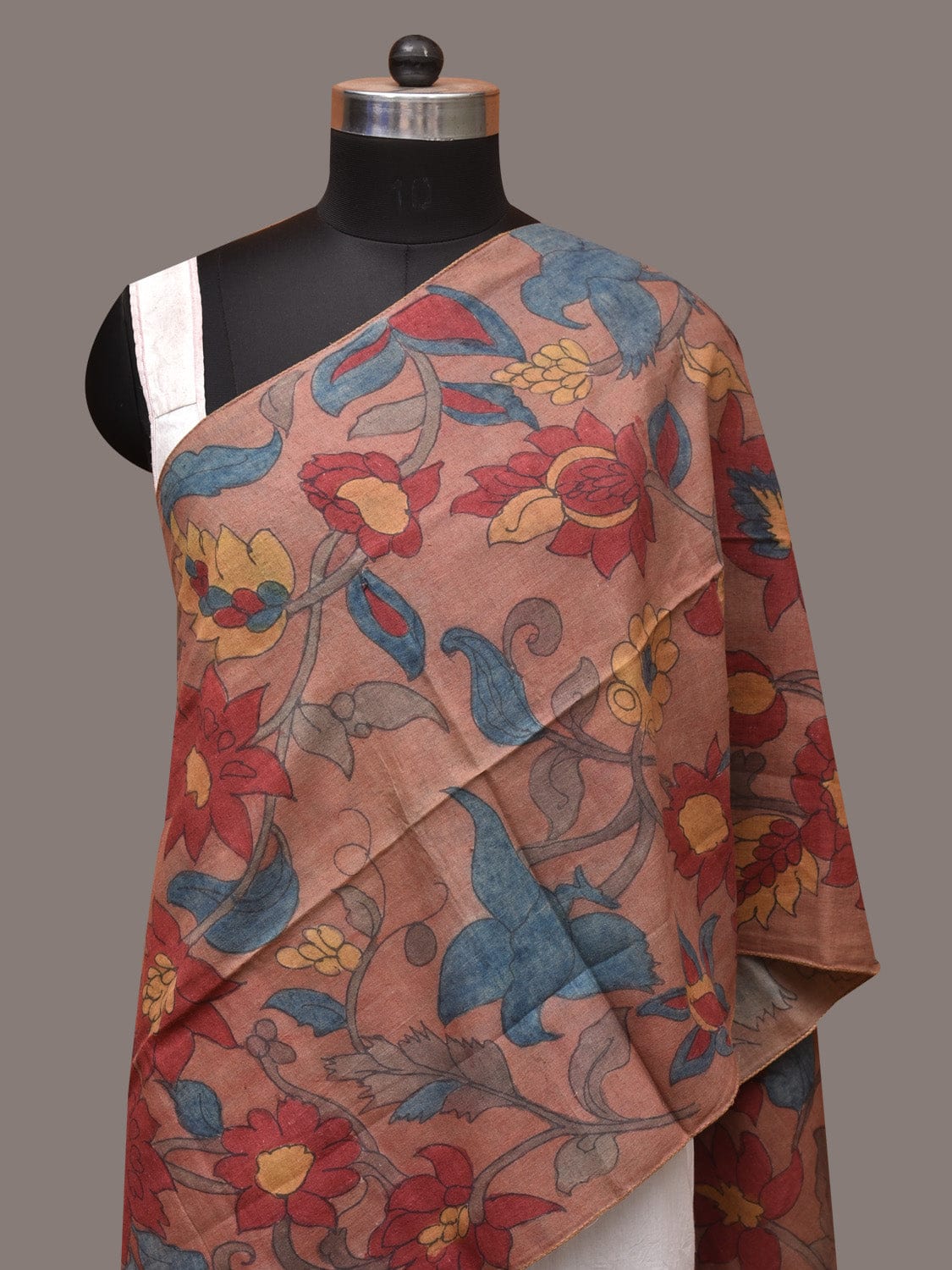 Light Brown Kalamkari Hand Painted Sico Stole with Floral Design - Global Threads | Swadesiicart