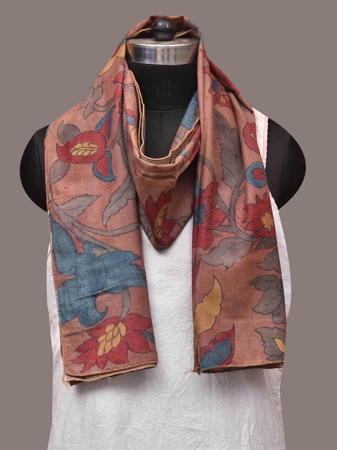 Light Brown Kalamkari Hand Painted Sico Stole with Floral Design - Global Threads | Swadesiicart