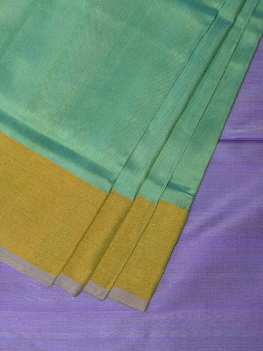 Light Green and Lavender Uppada Silk Handloom Plain Saree with Contrast Pallu Design - Global Threads | Swadesiicart