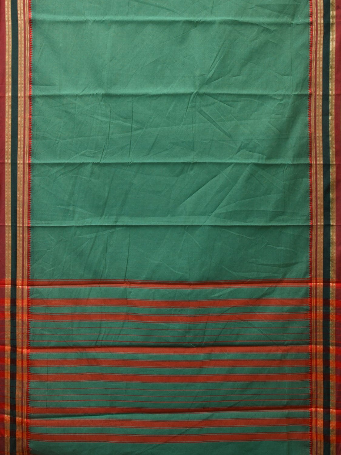 Light Green Bamboo Cotton Plain Saree with Strips Pallu Design No Blouse - Global Threads | Swadesiicart