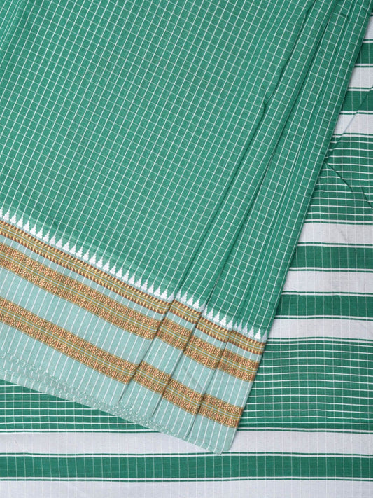 Light Green Bamboo Cotton Saree with Checks Design No Blouse - Global Threads | Swadesiicart