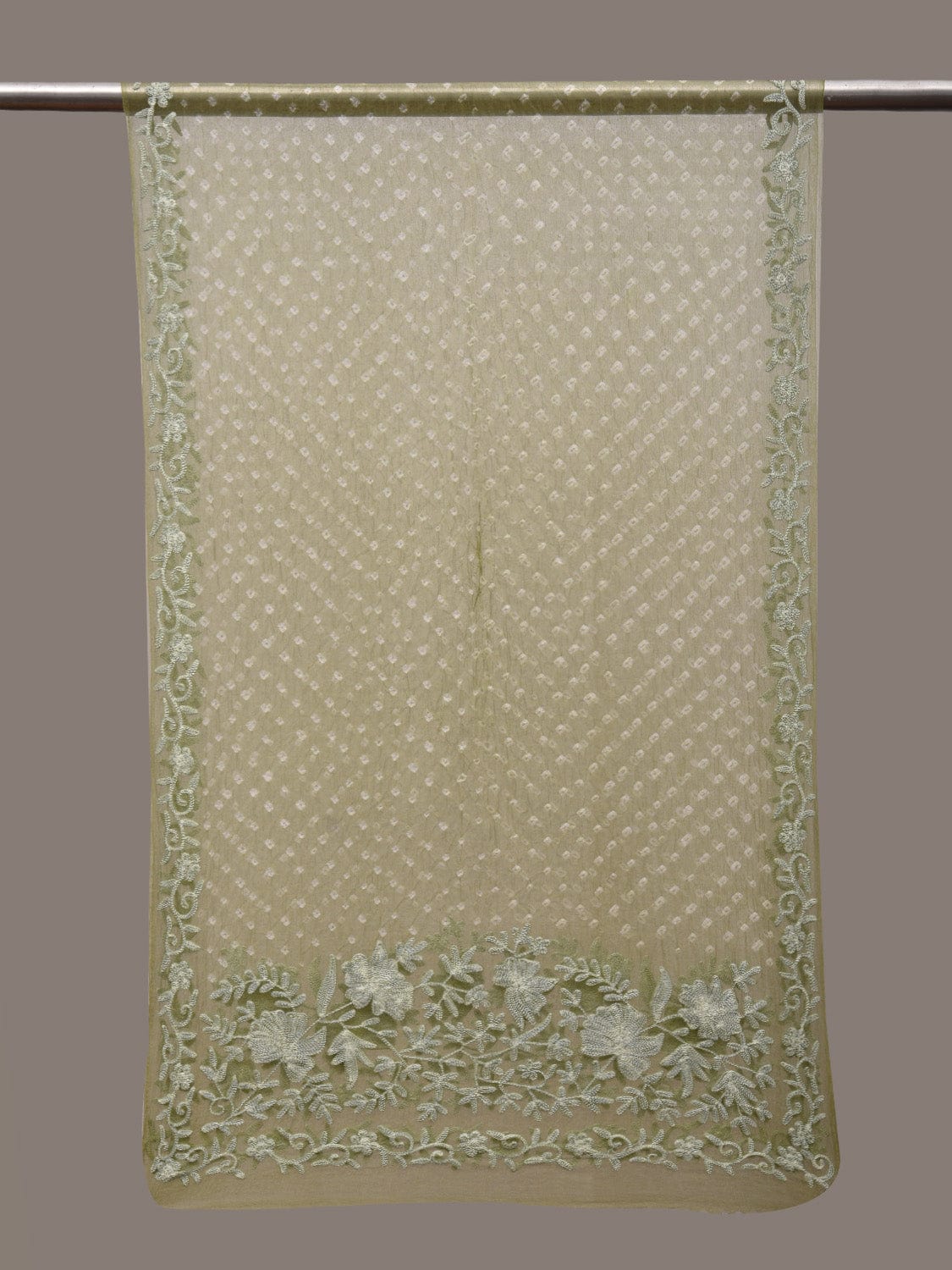 Light Green Bandhani Organza Stole with Embroidary Work Design - Global Threads | Swadesiicart