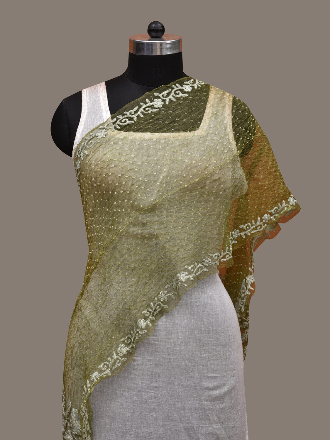 Light Green Bandhani Organza Stole with Embroidary Work Design - Global Threads | Swadesiicart