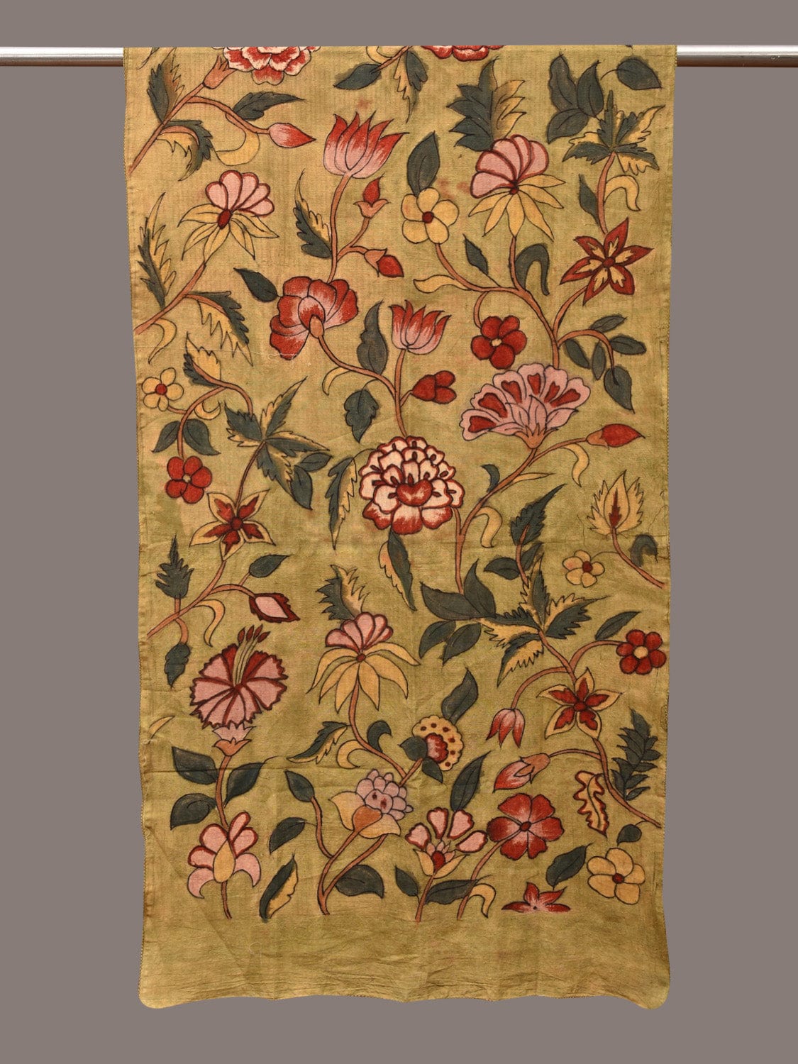 Light Green Kalamkari Hand Painted Cotton Stole with Floral Design - Global Threads | Swadesiicart