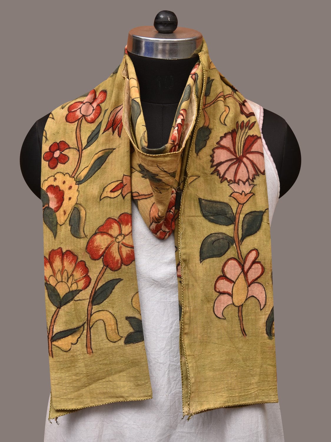 Light Green Kalamkari Hand Painted Cotton Stole with Floral Design - Global Threads | Swadesiicart