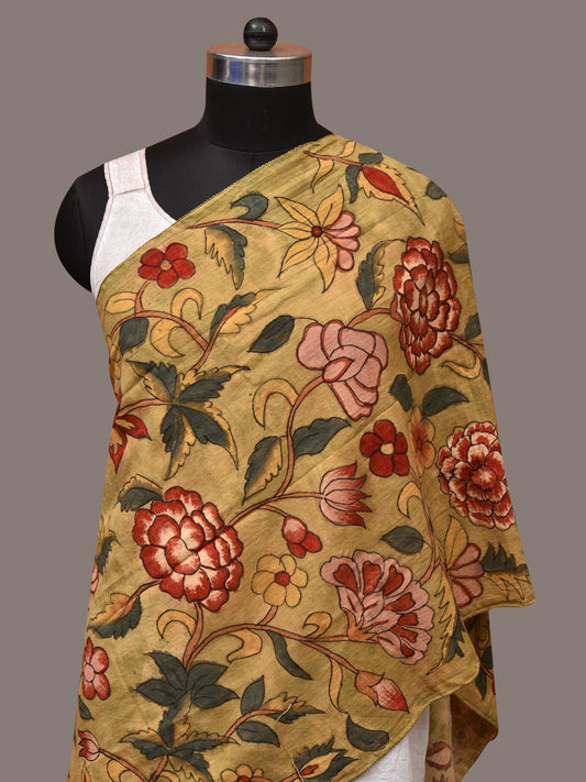 Light Green Kalamkari Hand Painted Cotton Stole with Floral Design - Global Threads | Swadesiicart