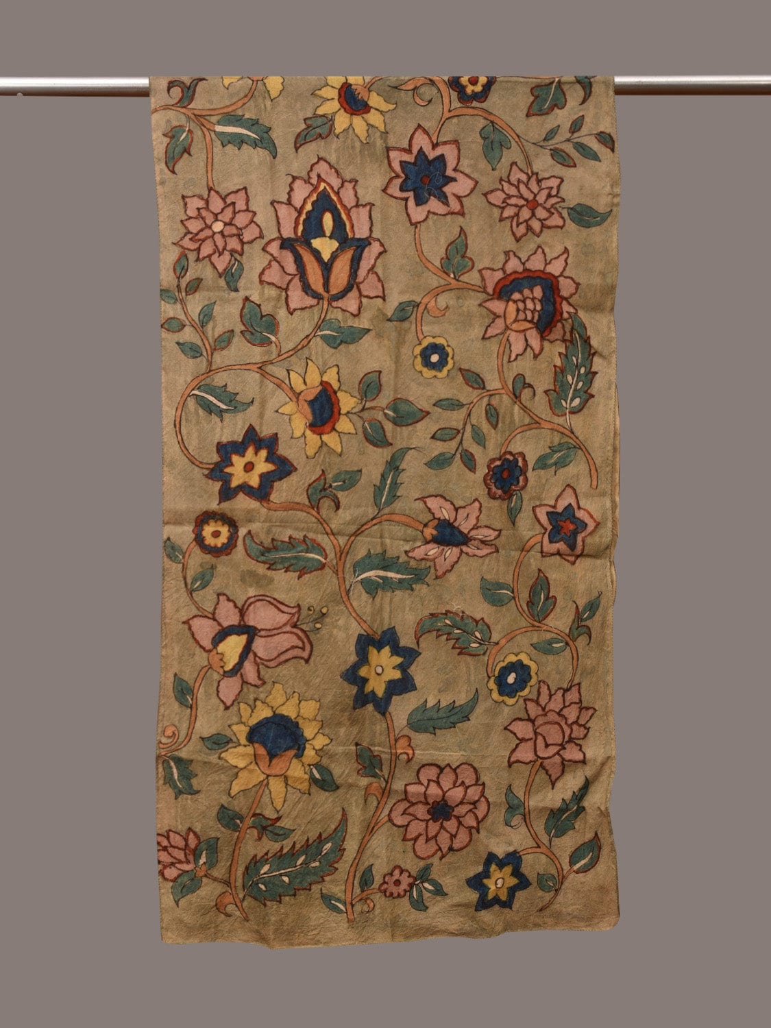 Light Green Kalamkari Hand Painted Sico Stole with Floral Design - Global Threads | Swadesiicart