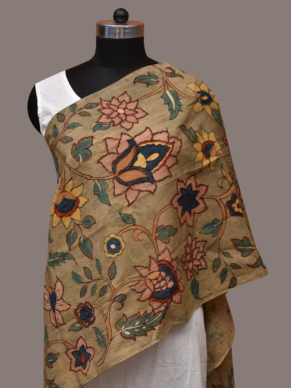 Light Green Kalamkari Hand Painted Sico Stole with Floral Design - Global Threads | Swadesiicart
