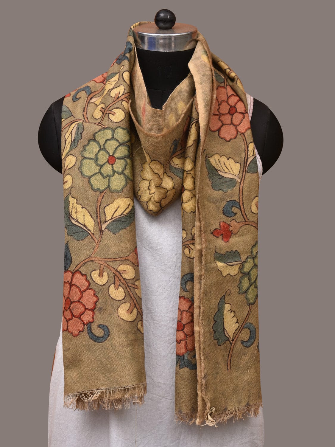 Light Green Kalamkari Hand Painted Woolen Handloom Stole with Floral Design - Global Threads | Swadesiicart