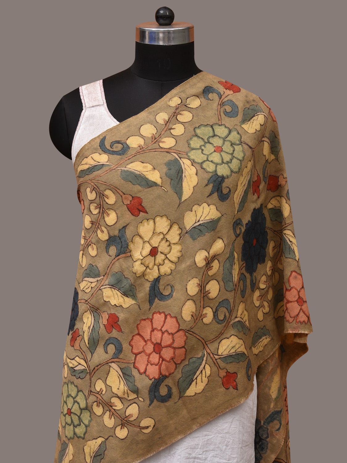 Light Green Kalamkari Hand Painted Woolen Handloom Stole with Floral Design - Global Threads | Swadesiicart