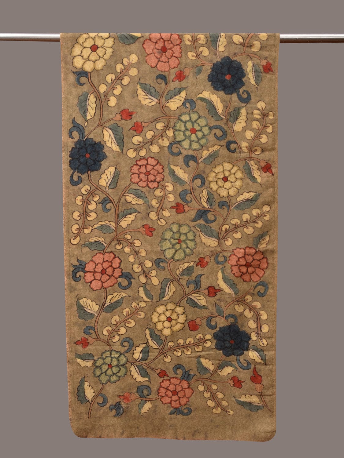 Light Green Kalamkari Hand Painted Woolen Handloom Stole with Floral Design - Global Threads | Swadesiicart